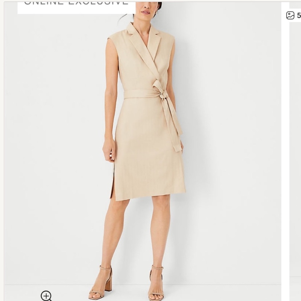 Ann Taylor The Notched Collar Tie Waist Dress In Herringbone Linen Blend NWTS